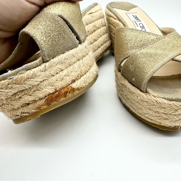 Jimmy Choo Paisley Crisscross Espadrille Wedge Sandals in Gold Shimmer Size 37 - Picture 6 of 11